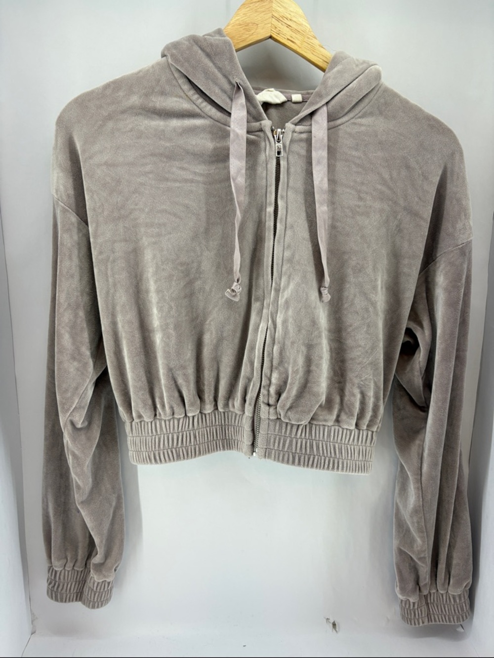 Women's Taupe Velour Zip Hoodie - Cropped Hooded Sweatshirt- light purple/grey